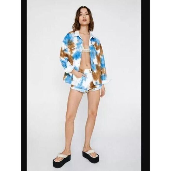 Nasty Gal Women's Sz 4/Sm Blue Tie Dye Roll Hem Cheeky Shorts/Bf Jacket Set $180 - Picture 11 of 11